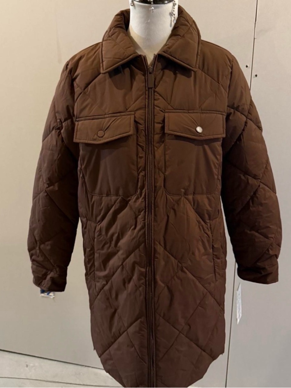 Women’s Quilted Brown Zip-Front Coat
